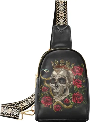Snake Skull Full-Print Leather Fashion Waist Pack Small Crossbody Bag with Card Slots & Adjustable Strap for Biking Shopping Hiking Running & Casual Outings