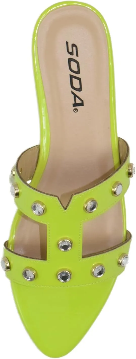 Soda Shoes Women's Sandals Double Strap Slides Rhinestone Bling Studded Open Pointed Toe YISKA-S