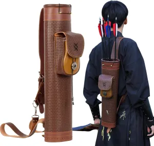 SOPOGER Arrow Quiver Arrow Holder - Handmade Traditional Leather Quiver with Adjustable Strap and Pocket, Archery Shoulder Back Quiver for Arrows Cosplay Bow and Arrow Accessories