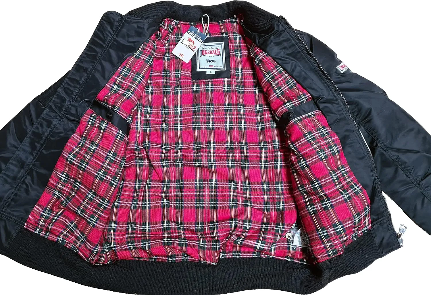 Spirit of England Lonsdale Men´s Flight Bomber MA1 Jacket Black Unique Tartan Lining Embroidered Logo Slim-Fit