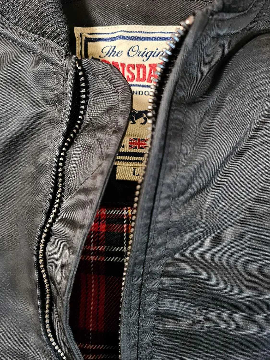 Spirit of England Lonsdale Men´s Flight Bomber MA1 Jacket Black Unique Tartan Lining Embroidered Logo Slim-Fit