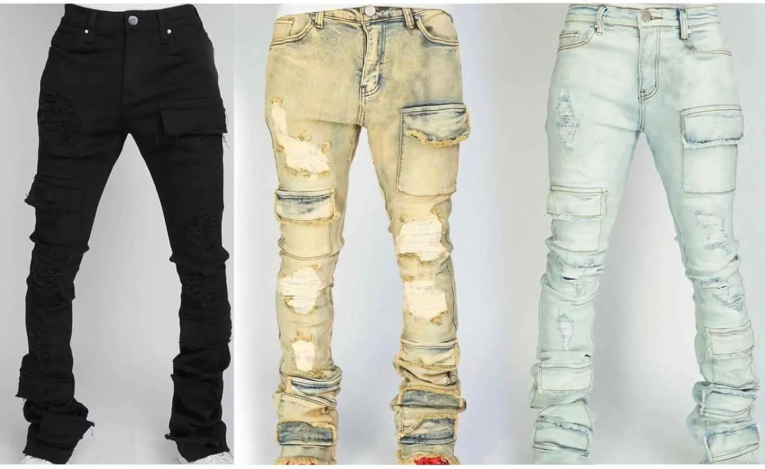 Stacked Jeans Men Ripped Raw Trim Stretch Fit Skinny Vintage Denim Pants Slim Fit Fashion Trousers Streetwear