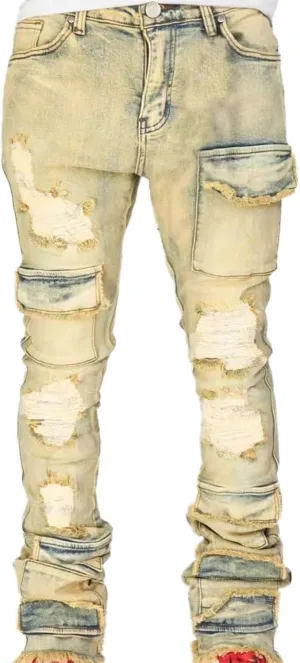 Stacked Jeans Men Ripped Raw Trim Stretch Fit Skinny Vintage Denim Pants Slim Fit Fashion Trousers Streetwear