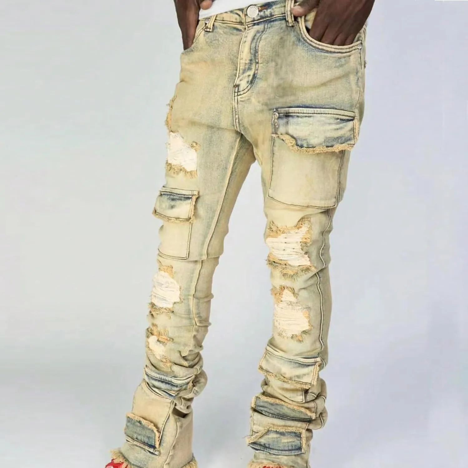 Stacked Jeans Men Ripped Raw Trim Stretch Fit Skinny Vintage Denim Pants Slim Fit Fashion Trousers Streetwear