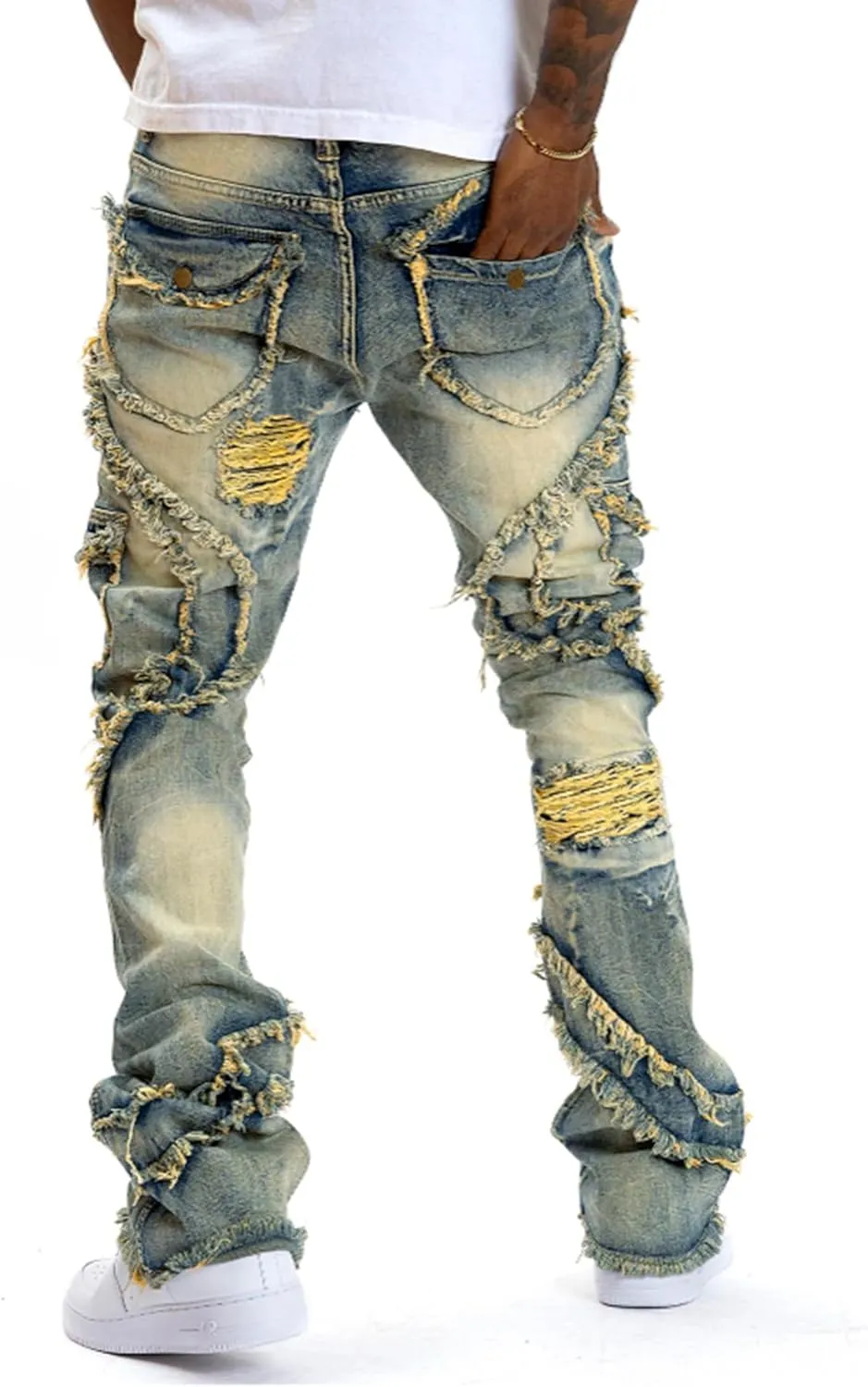 Stacked Jeans Men Ripped Raw Trim Stretch Fit Skinny Vintage Denim Pants Slim Fit Fashion Trousers Streetwear