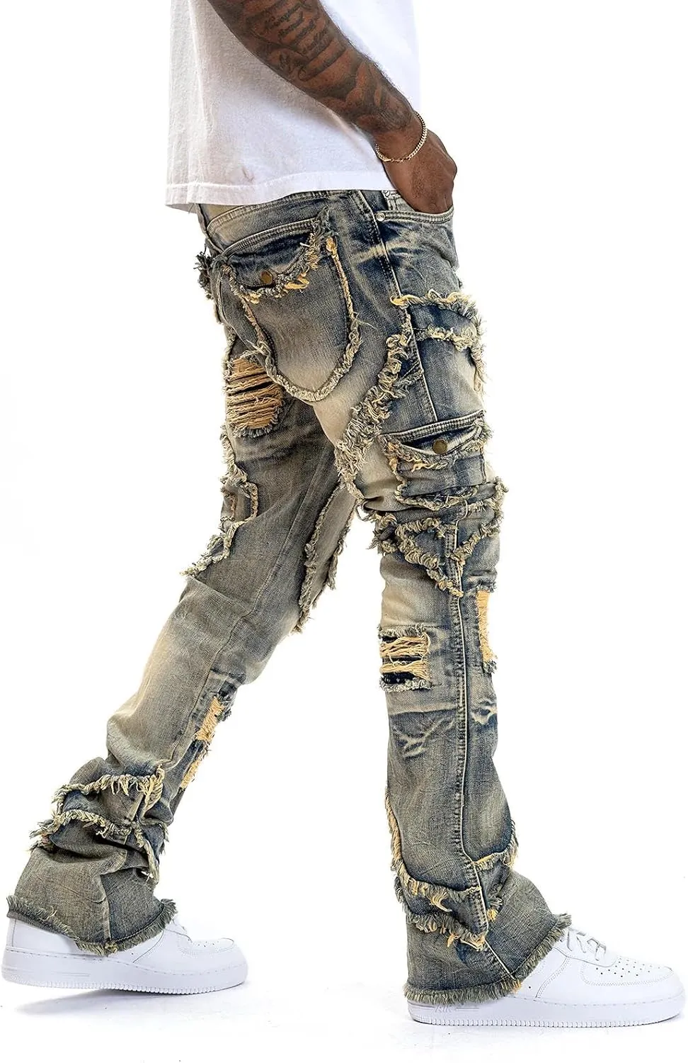 Stacked Jeans Men Ripped Raw Trim Stretch Fit Skinny Vintage Denim Pants Slim Fit Fashion Trousers Streetwear