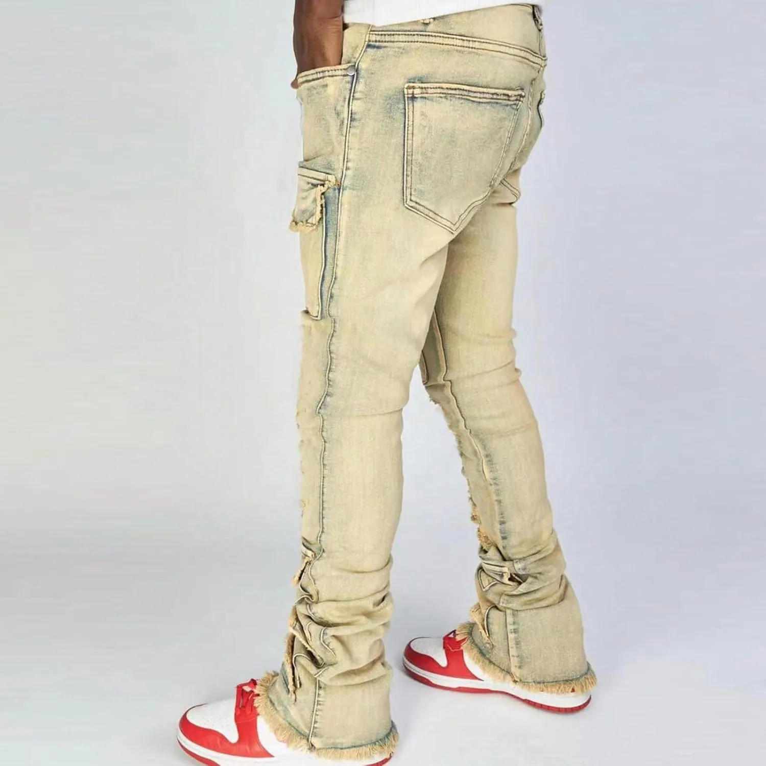 Stacked Jeans Men Ripped Raw Trim Stretch Fit Skinny Vintage Denim Pants Slim Fit Fashion Trousers Streetwear