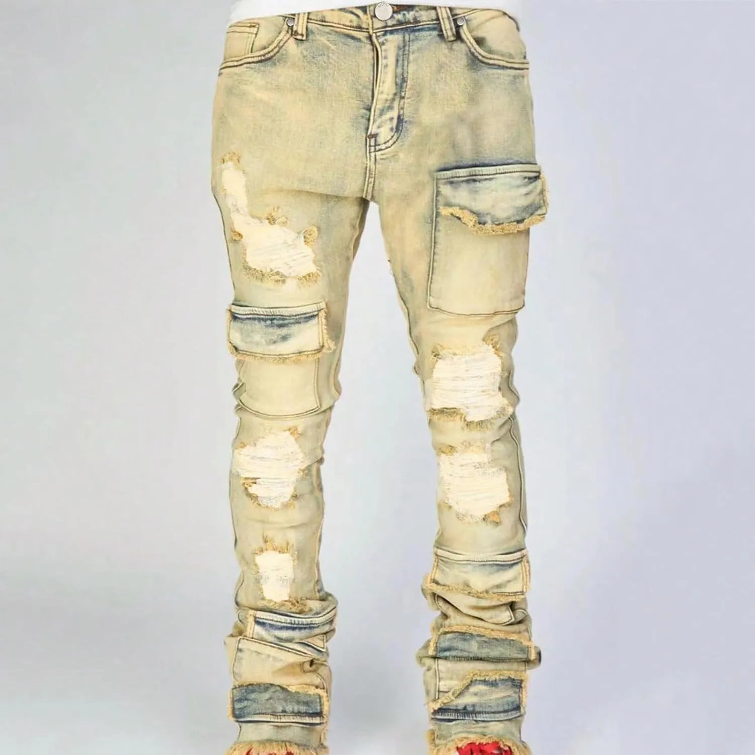 Stacked Jeans Men Ripped Raw Trim Stretch Fit Skinny Vintage Denim Pants Slim Fit Fashion Trousers Streetwear