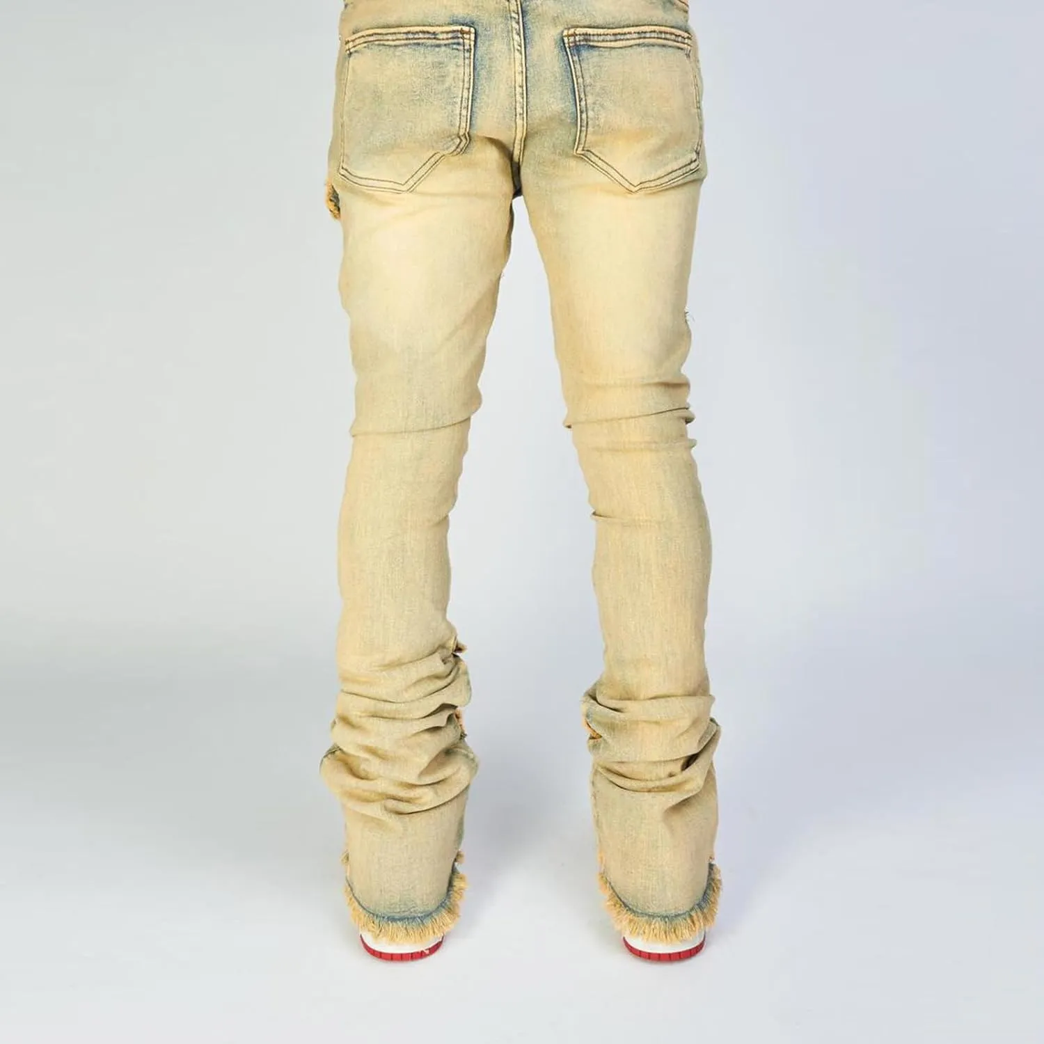 Stacked Jeans Men Ripped Raw Trim Stretch Fit Skinny Vintage Denim Pants Slim Fit Fashion Trousers Streetwear