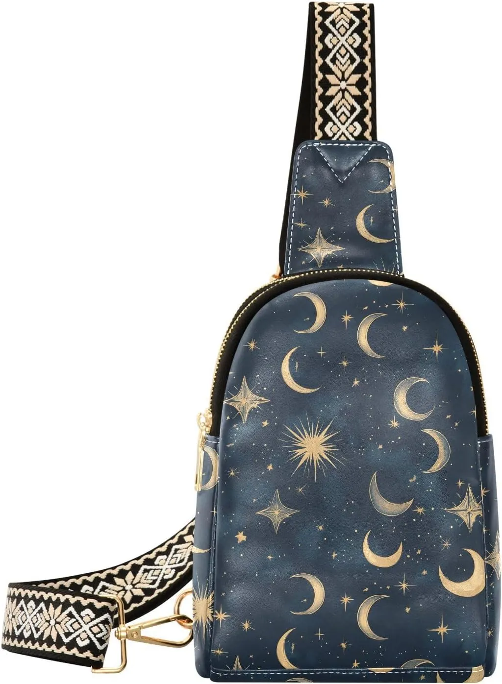 Star Moon Black Stylish PU Leather Waist Pack Soft Waterproof Crossbody Bag with Metal Hardware Fits Keys Phone Passport for Work Walks Music Fests & Trips