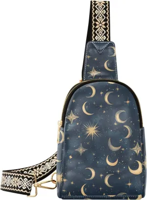 Star Moon Black Stylish PU Leather Waist Pack Soft Waterproof Crossbody Bag with Metal Hardware Fits Keys Phone Passport for Work Walks Music Fests & Trips