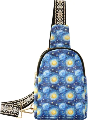 Starry Sky Blue Mini Crossbody Bag with Full-Print PU Leather Fashion Waist Pack with Adjustable Strap & Card Holder Great for Hiking Fishing Beach Travel & More