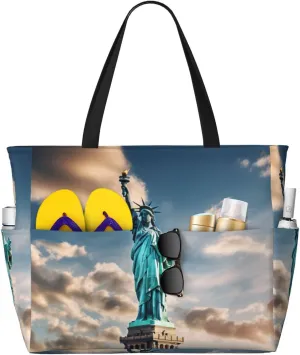 Statue of Liberty in NYC print Large Waterproof Beach Bag for Women Tote Bag for Travel Vacation fun Travel Bag