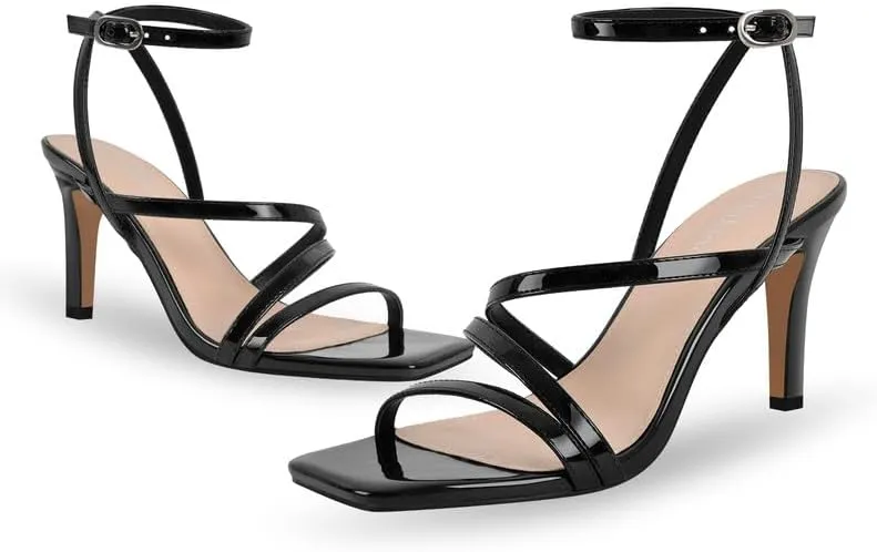 Strappy Heels for Women High Heels Ankle Heeled Square Open Toe Comfortable Sandals Strap Dress Shoes for Party Wedding