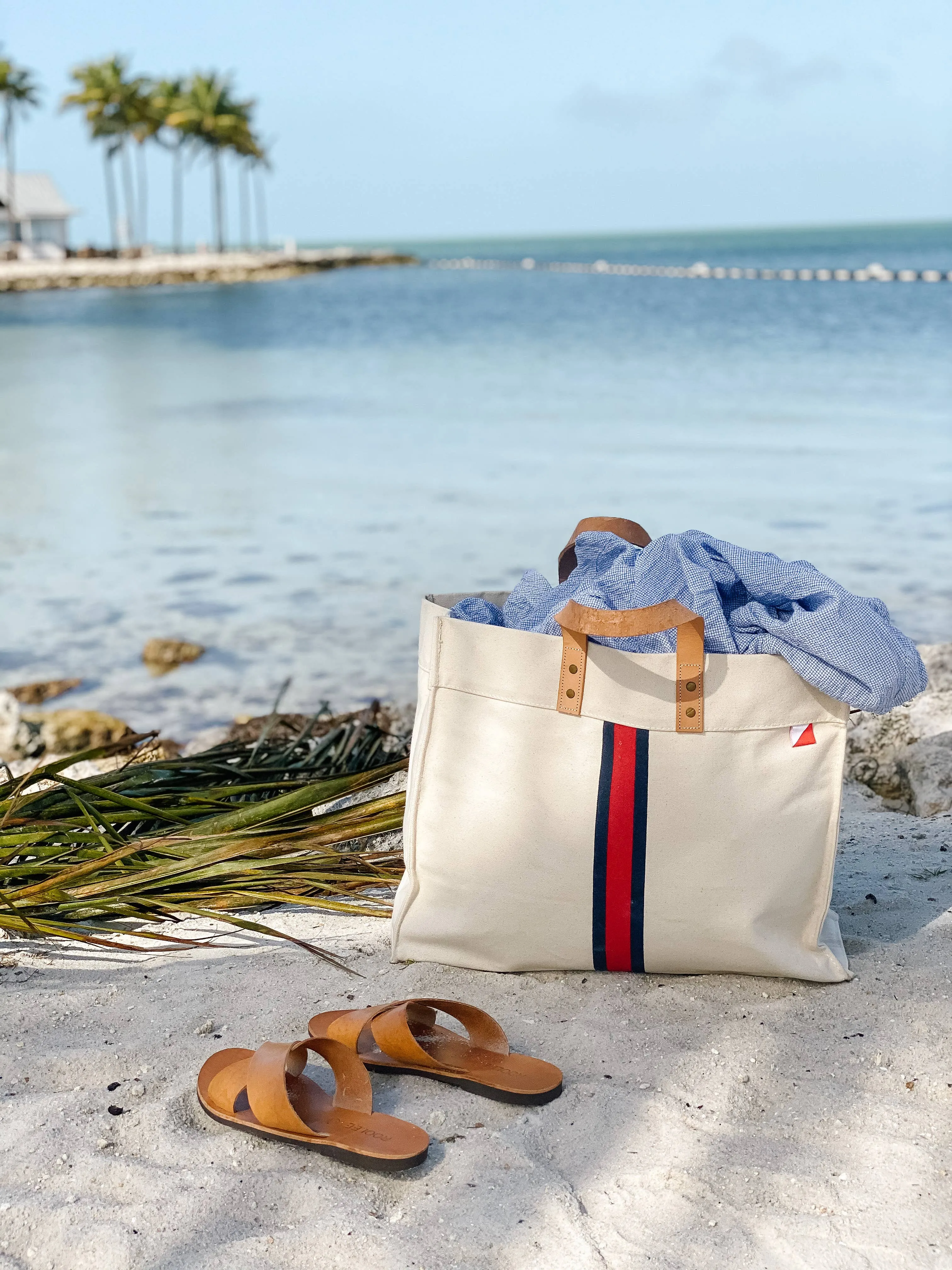 Striped Box Heavy Canvas Tote Bag with Leather Handles