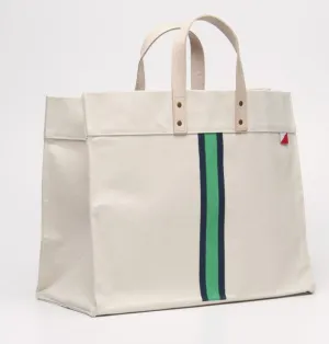 Striped Box Heavy Canvas Tote Bag with Leather Handles