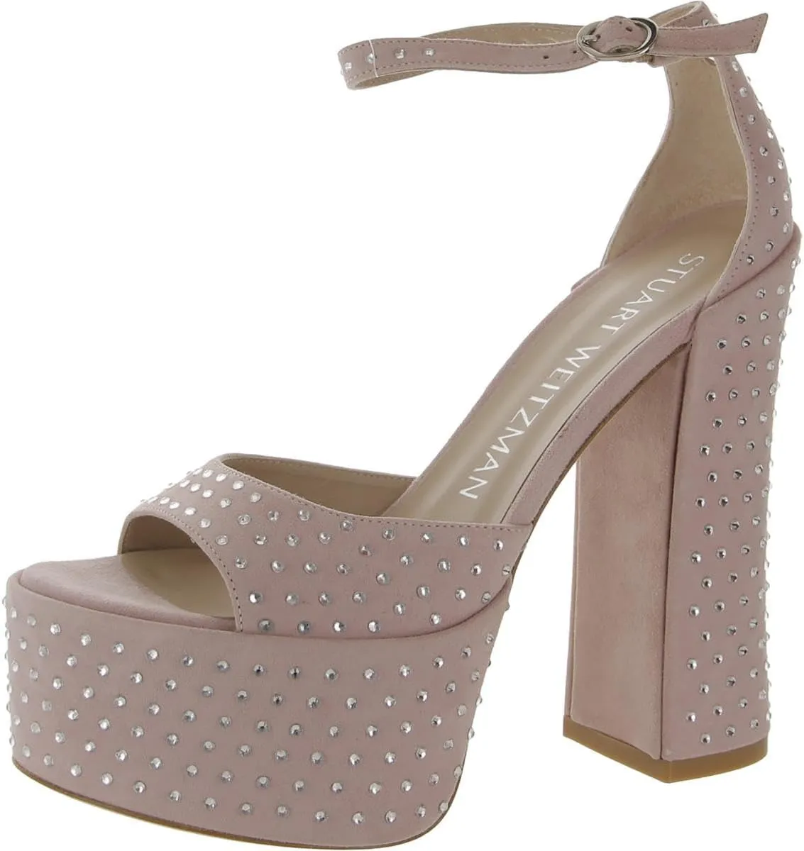 Stuart Weitzman Womens Pink Rhinestone Embellished 2' Platform Ankle Strap Padded Sky High Open Toe Block Heel Buckle Leather Heeled Sandal 8 B