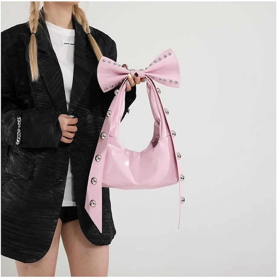 Studded Leather Shoulder Purses for Women Punk Rock 2000s Y2k Bow Purse Handbags Trendy Purse 2025