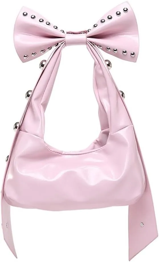 Studded Leather Shoulder Purses for Women Punk Rock 2000s Y2k Bow Purse Handbags Trendy Purse 2025