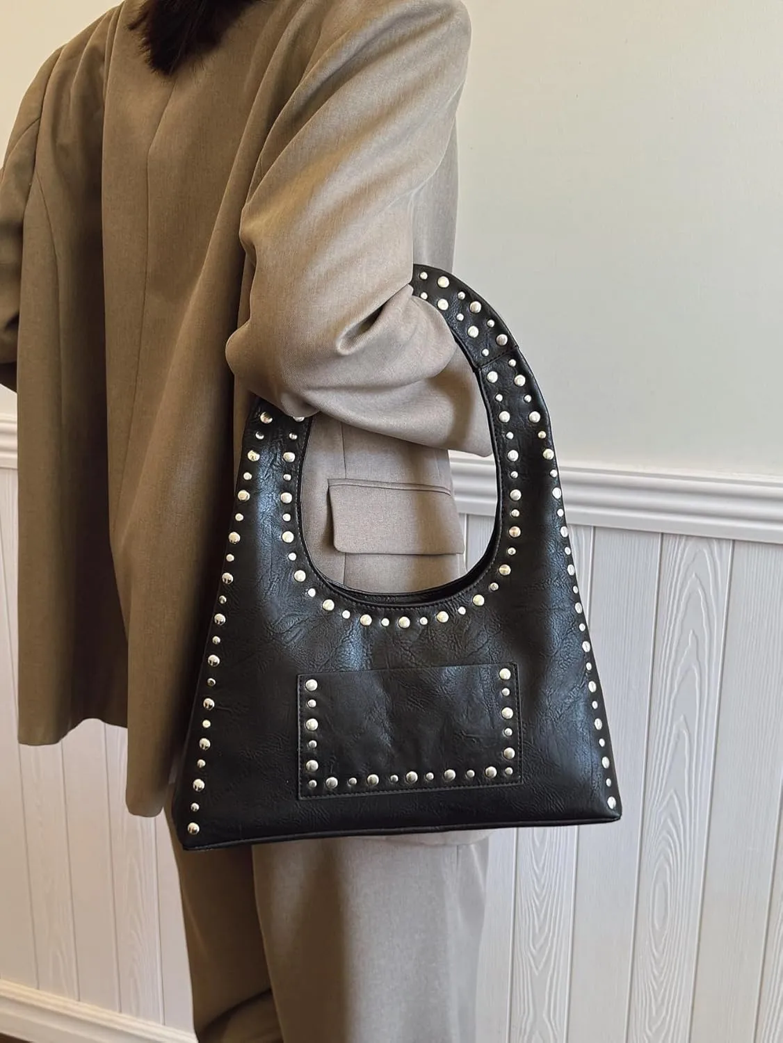 Studded Purses for Women Vegan Leather Handbag Vintage Y2K Tote Purse Stud Crescent Shoulder Bag Underarm Bag 2025