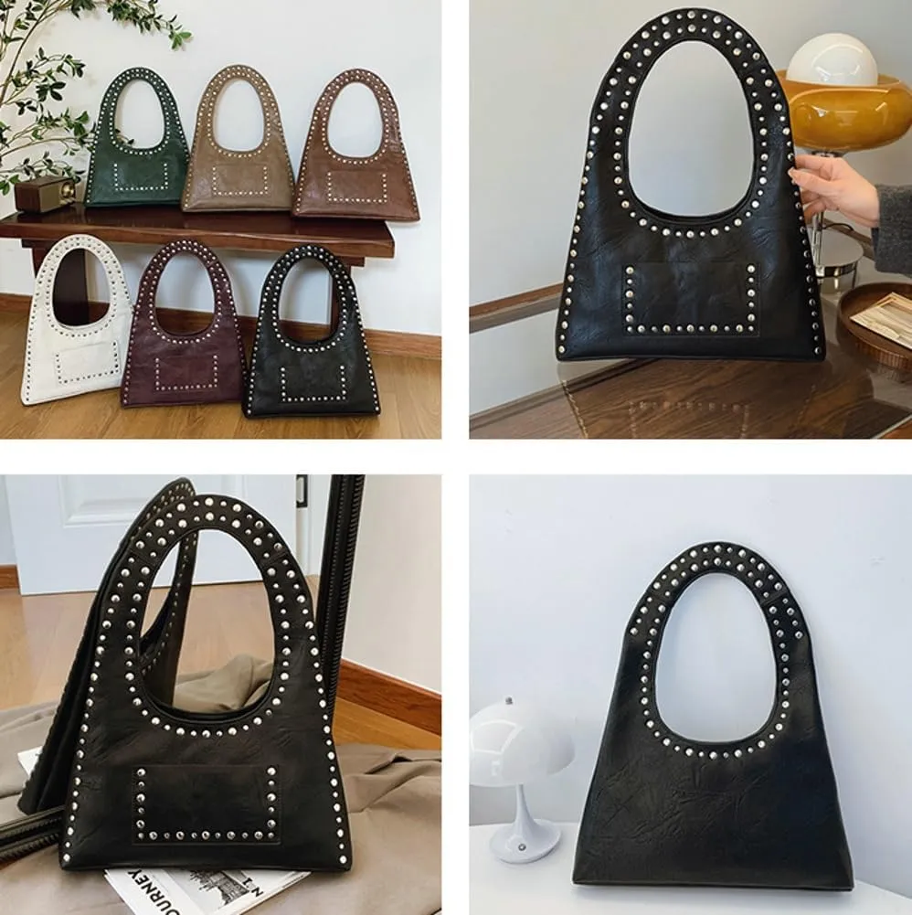 Studded Purses for Women Vegan Leather Handbag Vintage Y2K Tote Purse Stud Crescent Shoulder Bag Underarm Bag 2025
