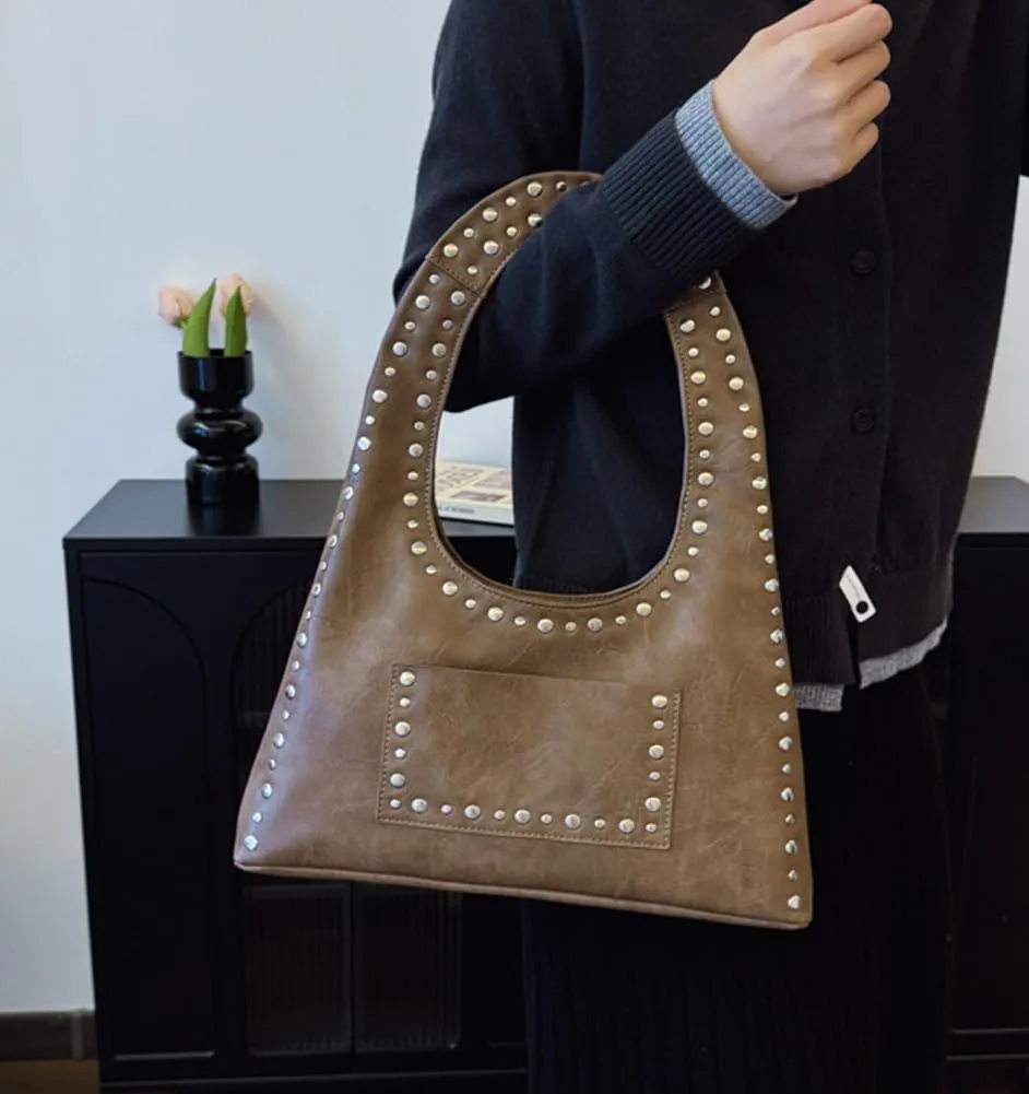 Studded Purses for Women Vegan Leather Handbag Vintage Y2K Tote Purse Stud Crescent Shoulder Bag Underarm Bag 2025