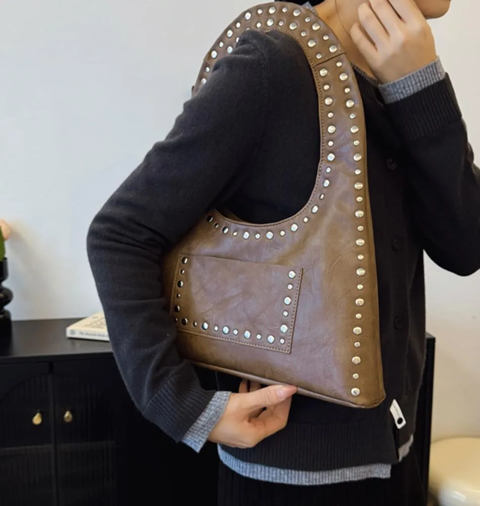 Studded Purses for Women Vegan Leather Handbag Vintage Y2K Tote Purse Stud Crescent Shoulder Bag Underarm Bag 2025