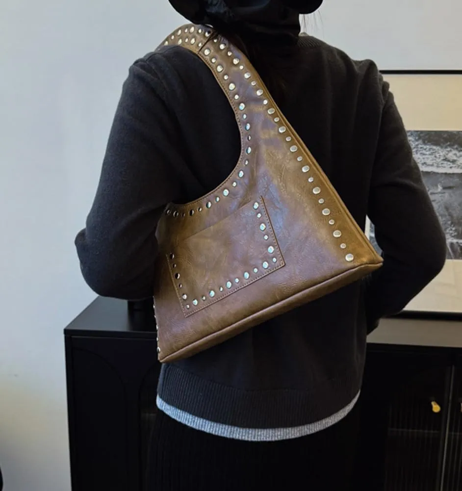 Studded Purses for Women Vegan Leather Handbag Vintage Y2K Tote Purse Stud Crescent Shoulder Bag Underarm Bag 2025