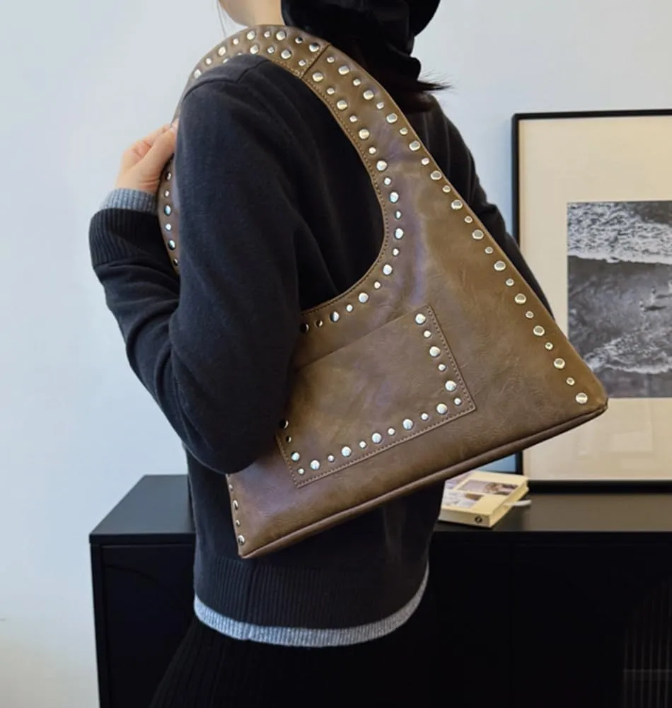 Studded Purses for Women Vegan Leather Handbag Vintage Y2K Tote Purse Stud Crescent Shoulder Bag Underarm Bag 2025