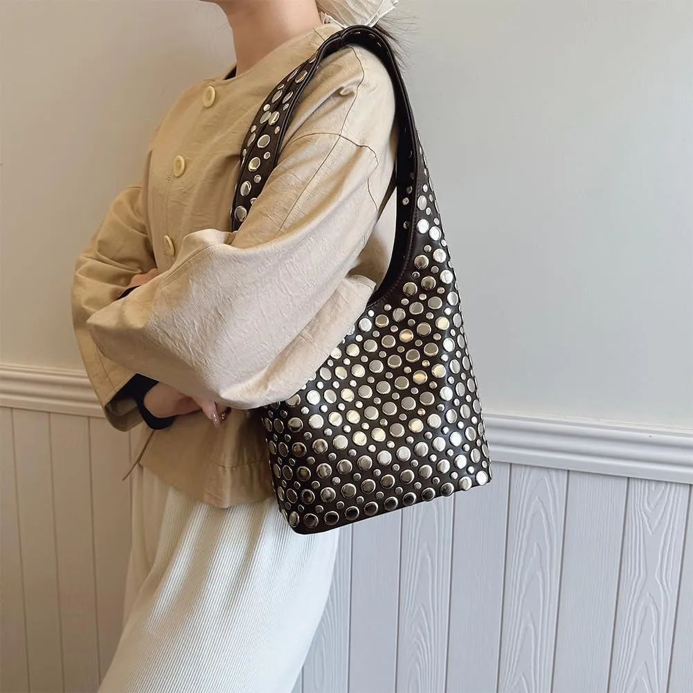 Studded Tote Bag for Women Black Shoulder Bag Y2K Purse Faux Leather Punk Style Hobo Handbag