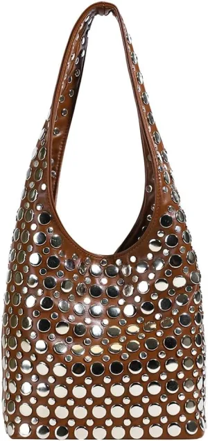 Studded Tote Bag for Women Black Shoulder Bag Y2K Purse Faux Leather Punk Style Hobo Handbag