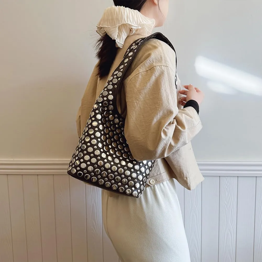 Studded Tote Bag for Women Black Shoulder Bag Y2K Purse Faux Leather Punk Style Hobo Handbag