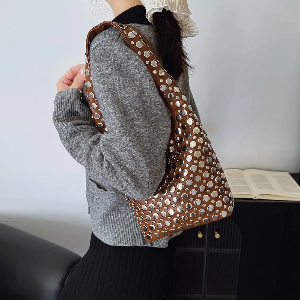 Studded Tote Bag for Women Black Shoulder Bag Y2K Purse Faux Leather Punk Style Hobo Handbag