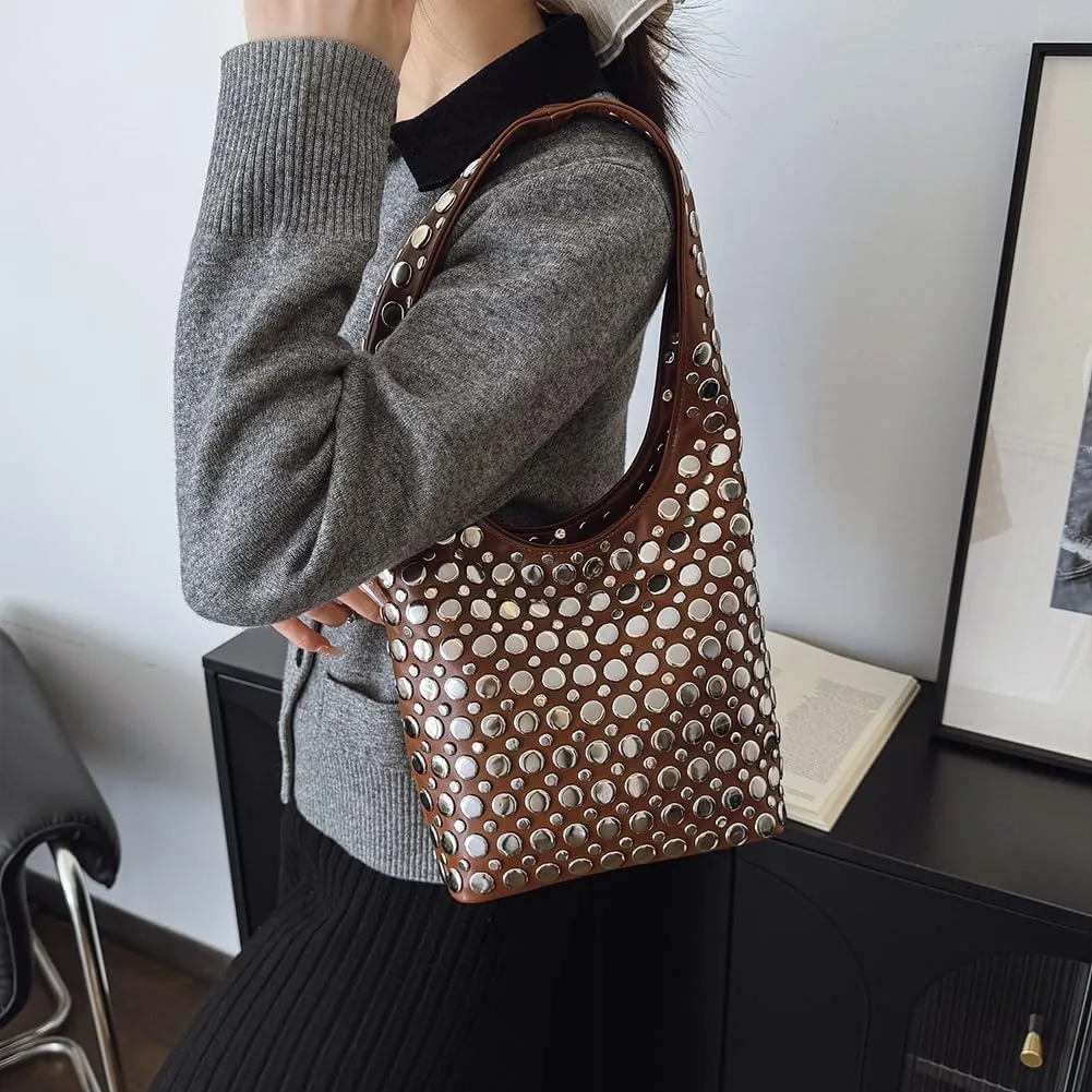 Studded Tote Bag for Women Black Shoulder Bag Y2K Purse Faux Leather Punk Style Hobo Handbag