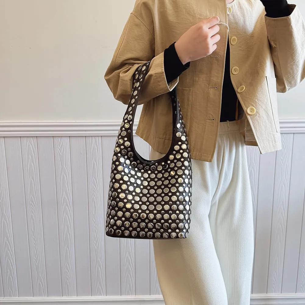 Studded Tote Bag for Women Black Shoulder Bag Y2K Purse Faux Leather Punk Style Hobo Handbag