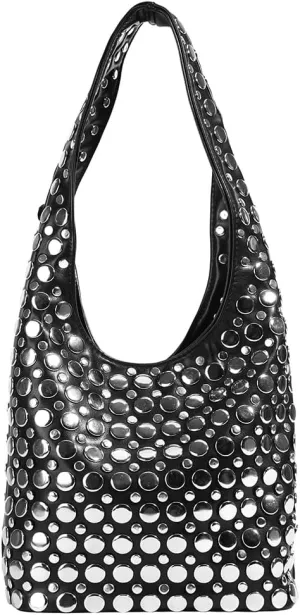 Studded Tote Bag for Women Black Shoulder Bag Y2K Purse Faux Leather Punk Style Hobo Handbag