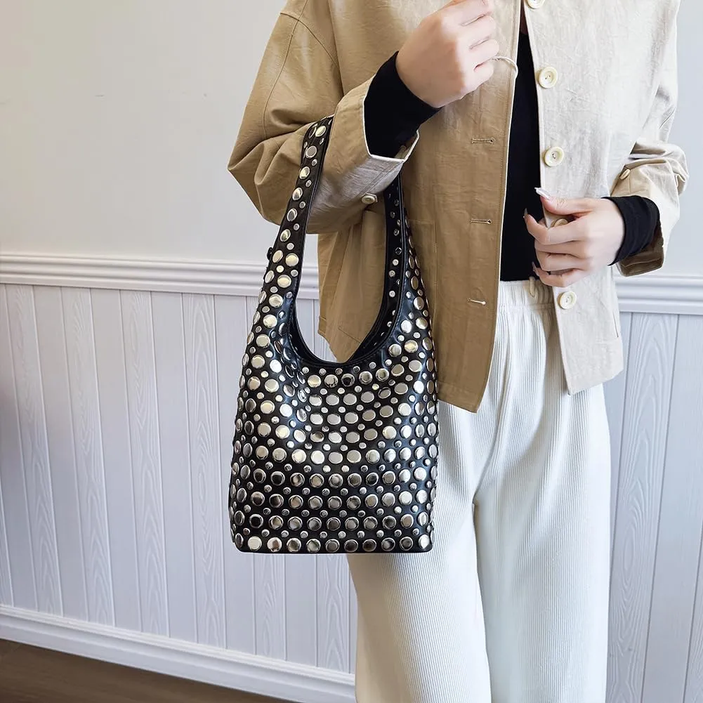 Studded Tote Bag for Women Black Shoulder Bag Y2K Purse Faux Leather Punk Style Hobo Handbag