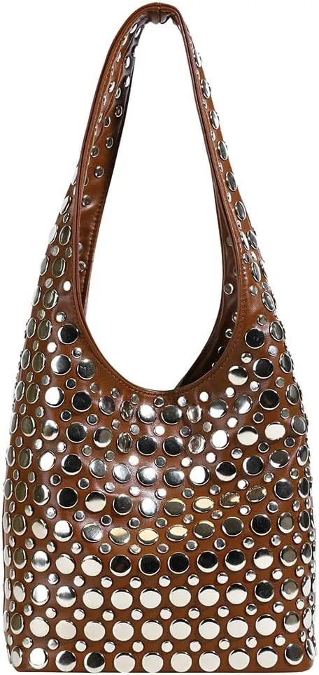 Studded Tote Bag for Women Black Shoulder Bag Y2K Purse Faux Leather Punk Style Hobo Handbag