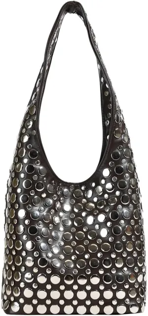 Studded Tote Bag for Women Black Shoulder Bag Y2K Purse Faux Leather Punk Style Hobo Handbag