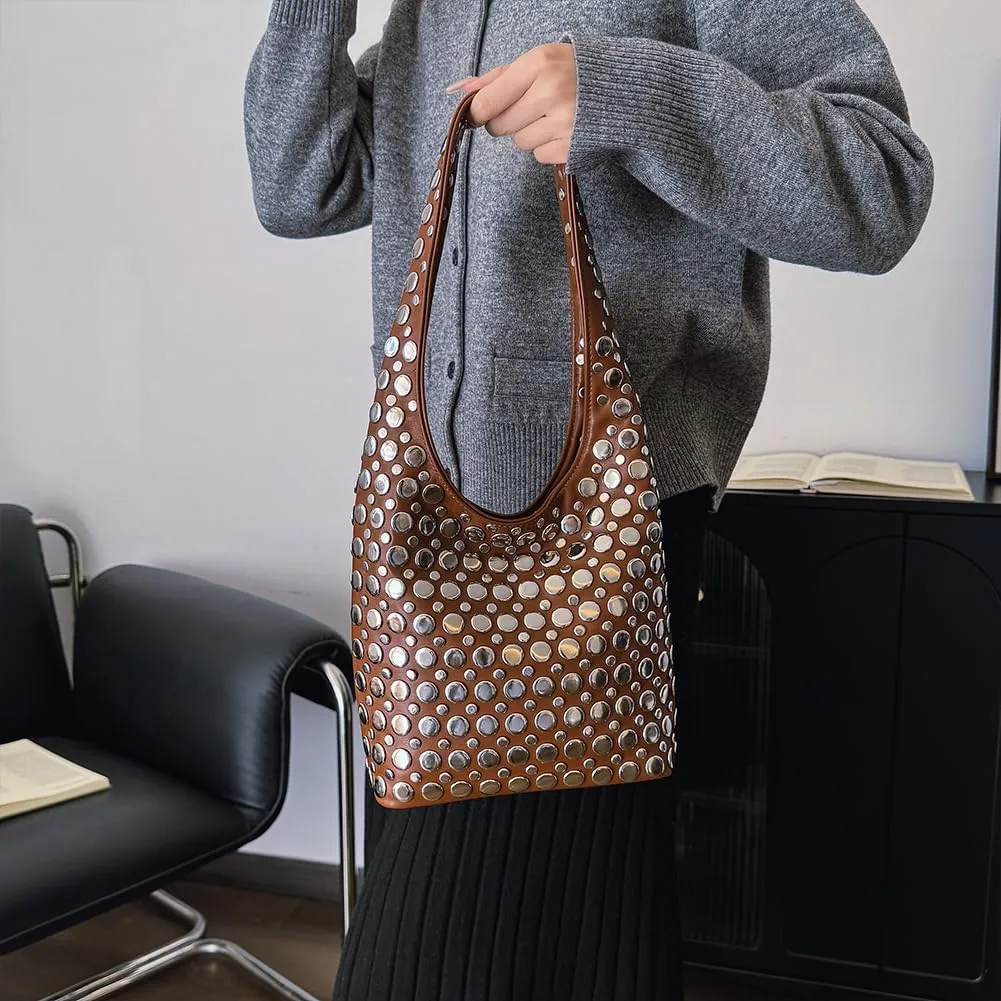 Studded Tote Bag for Women Black Shoulder Bag Y2K Purse Faux Leather Punk Style Hobo Handbag