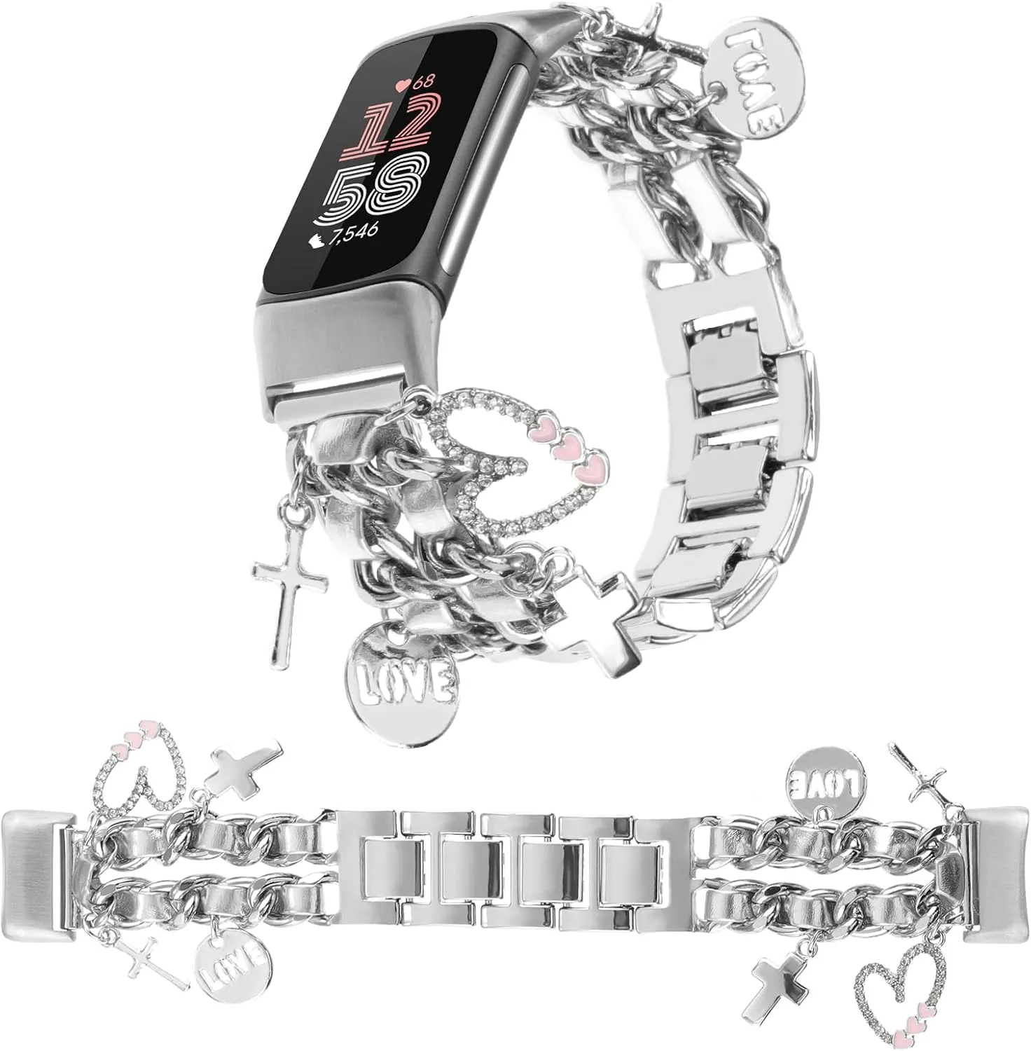 Stylish Metal Wristband Compatible with Fitbit Charge 6/Charge 5 Bands for Women,Cute Strap with Unique Love Cross Pendants Chain Charms Bracelet for Charge 5 6 Fitness Tracker