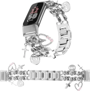 Stylish Metal Wristband Compatible with Fitbit Charge 6/Charge 5 Bands for Women,Cute Strap with Unique Love Cross Pendants Chain Charms Bracelet for Charge 5 6 Fitness Tracker
