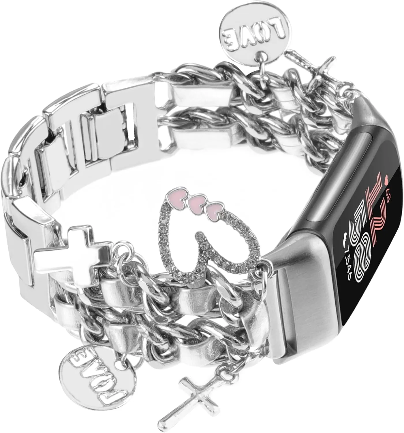 Stylish Metal Wristband Compatible with Fitbit Charge 6/Charge 5 Bands for Women,Cute Strap with Unique Love Cross Pendants Chain Charms Bracelet for Charge 5 6 Fitness Tracker