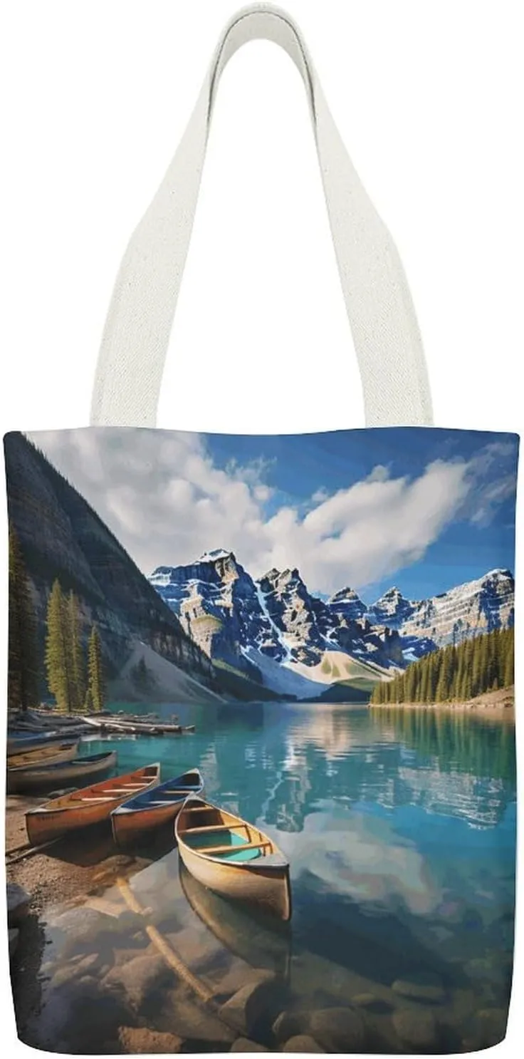 Stylish Shoulder Bag, Moraine Lake Canoes Print Reusable Grocery Bag Large Canvas Tote Versatile Handbag All-purpose Tote