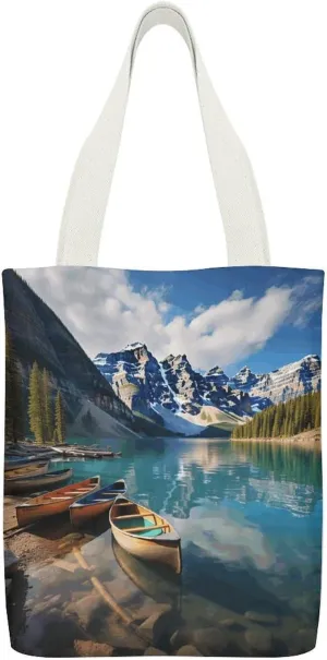 Stylish Shoulder Bag, Moraine Lake Canoes Print Reusable Grocery Bag Large Canvas Tote Versatile Handbag All-purpose Tote