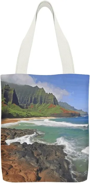 Stylish Shoulder Bag, Seashore Print Reusable Grocery Bag Large Canvas Tote Versatile Handbag All-purpose Tote