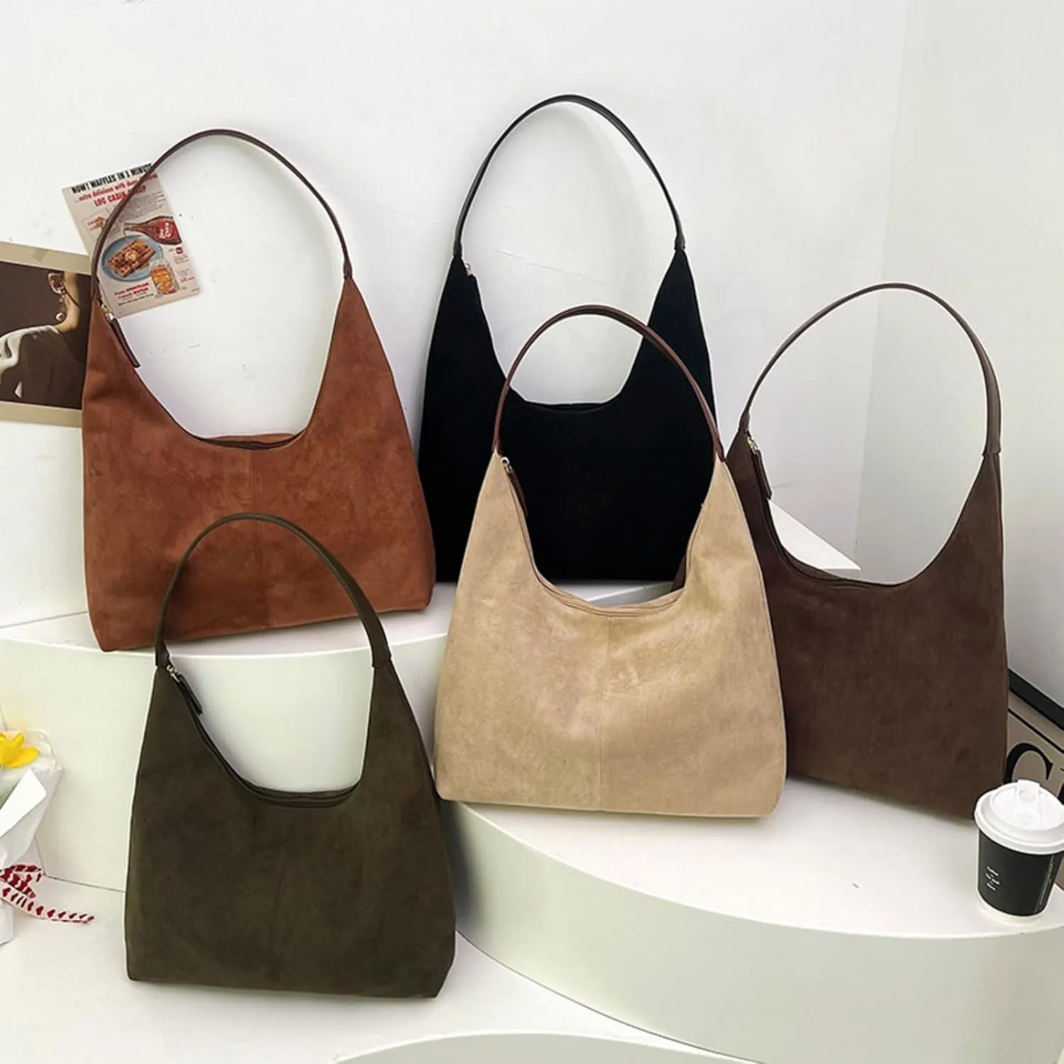 Suede Tote Bag Women Fall Winter Vintage Casual Handbag PU Strap Zip Slip Pocket Matte Shoulder Bag
