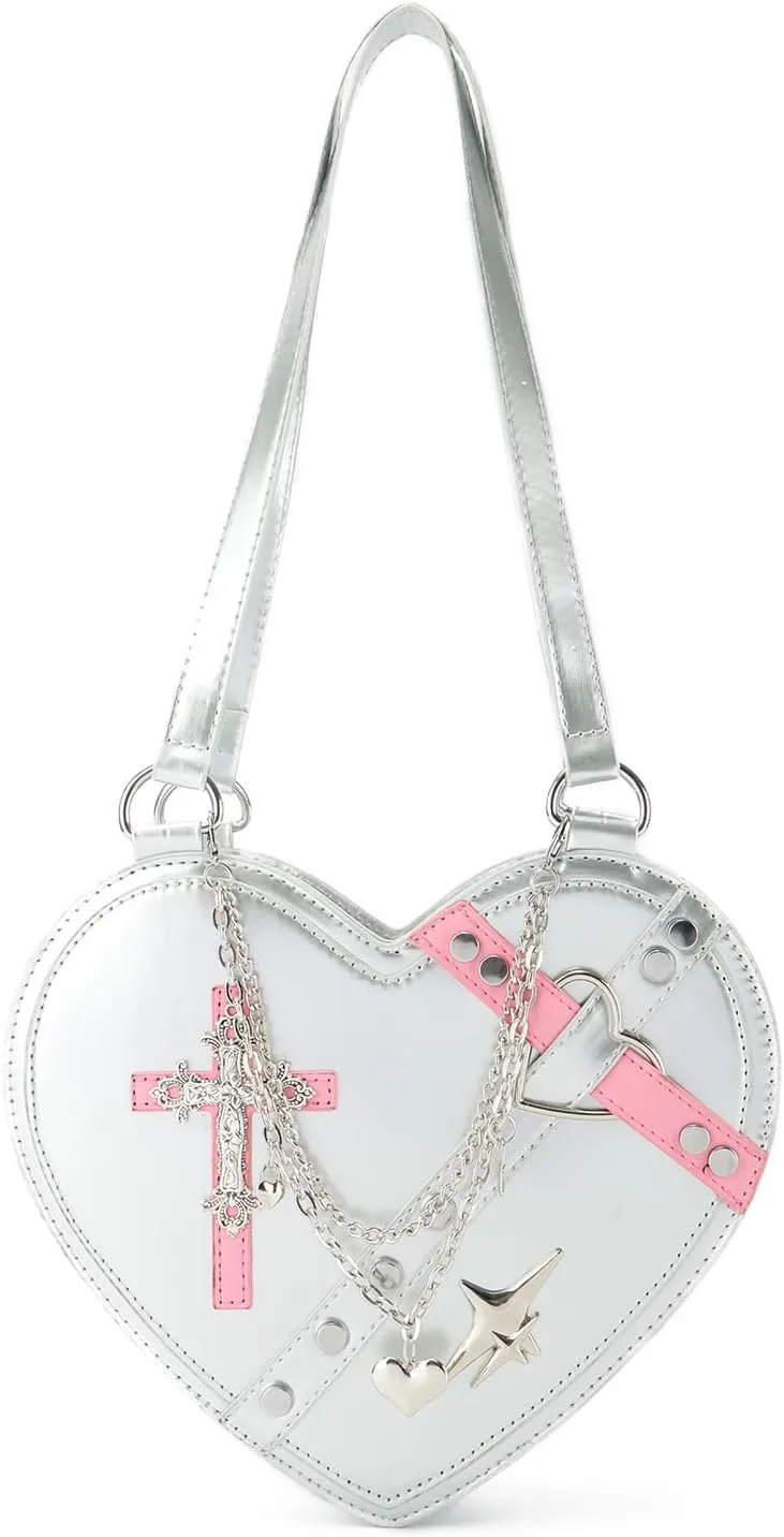 SUKUTU Cute Heart Shaped Shoulder Bag for Women Girls Rivet Studded Gothic Purse Crossbody Bag