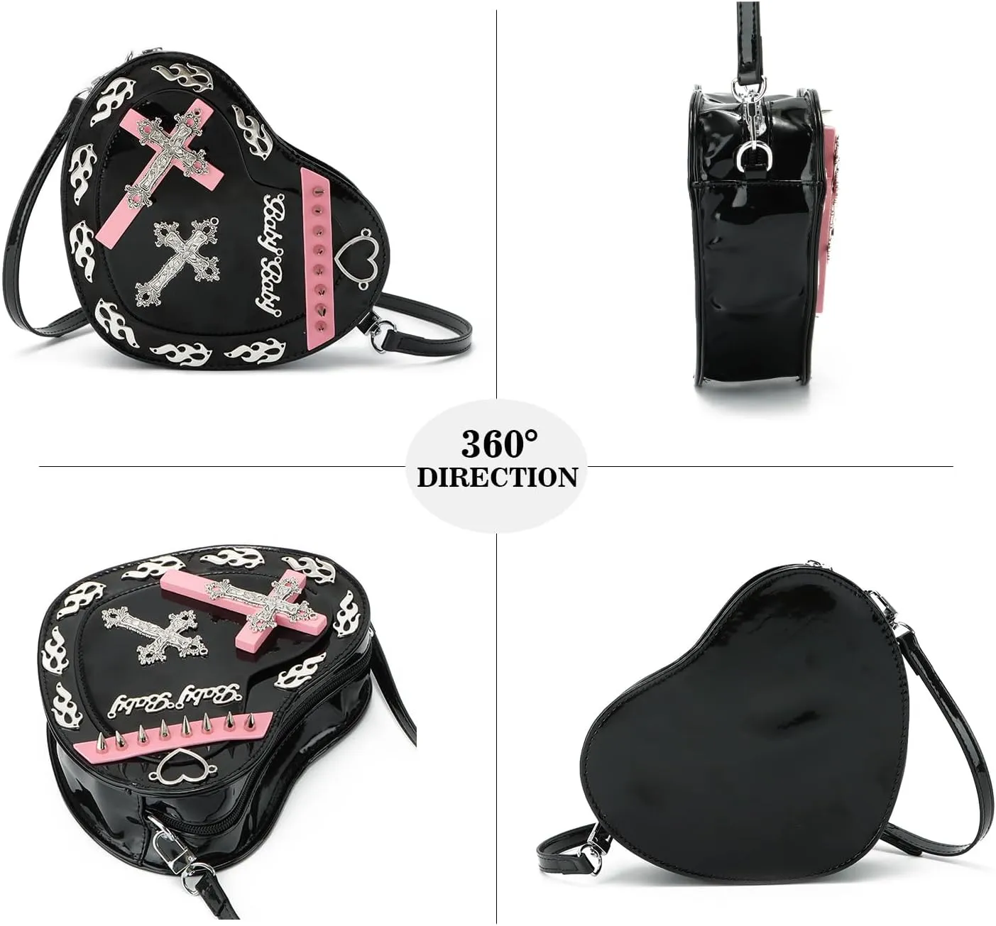 SUKUTU Women Gothic Punk Crossbody Bag Cute Heart Shaped Studded Shoulder Bag Purse
