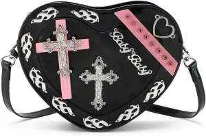 SUKUTU Women Gothic Punk Crossbody Bag Cute Heart Shaped Studded Shoulder Bag Purse